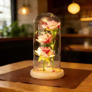 Eternal Pink Rose in Glass Dome with LED Lights Light Up Artificial Rose Decor Romantic Gift for Women with Gift Box Anniversary Birthday Valentine’s Day