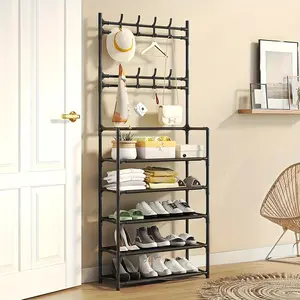 Multi-Functional Hall Tree Shoe Rack Coat Organizer for Entryway Home Essentials Black 3-in-1 Design with 5-Tier Shoe Rack & 8 Hooks Space-Saving Compact Size