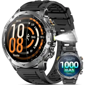 Military Smart Watches for Men, Large Screen Smartwatch with LED Flashlight 1.7″ Smart Watch with 1000 mAh Battery, Led Flashlight, Answer/Make Calls, IP68 Waterproof, Heart Rate/Sleep Monitor 100+ Sport Modes Fitness Watch for Android/iPhone