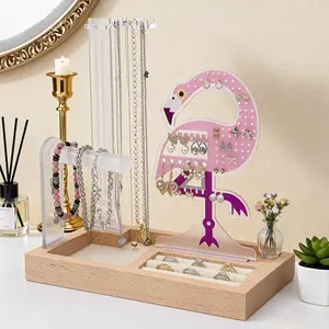 Flamingo Acrylic Jewelry Organizer Stand with Wood Base, Earring Necklace Bracelet Holder and Ring Tray