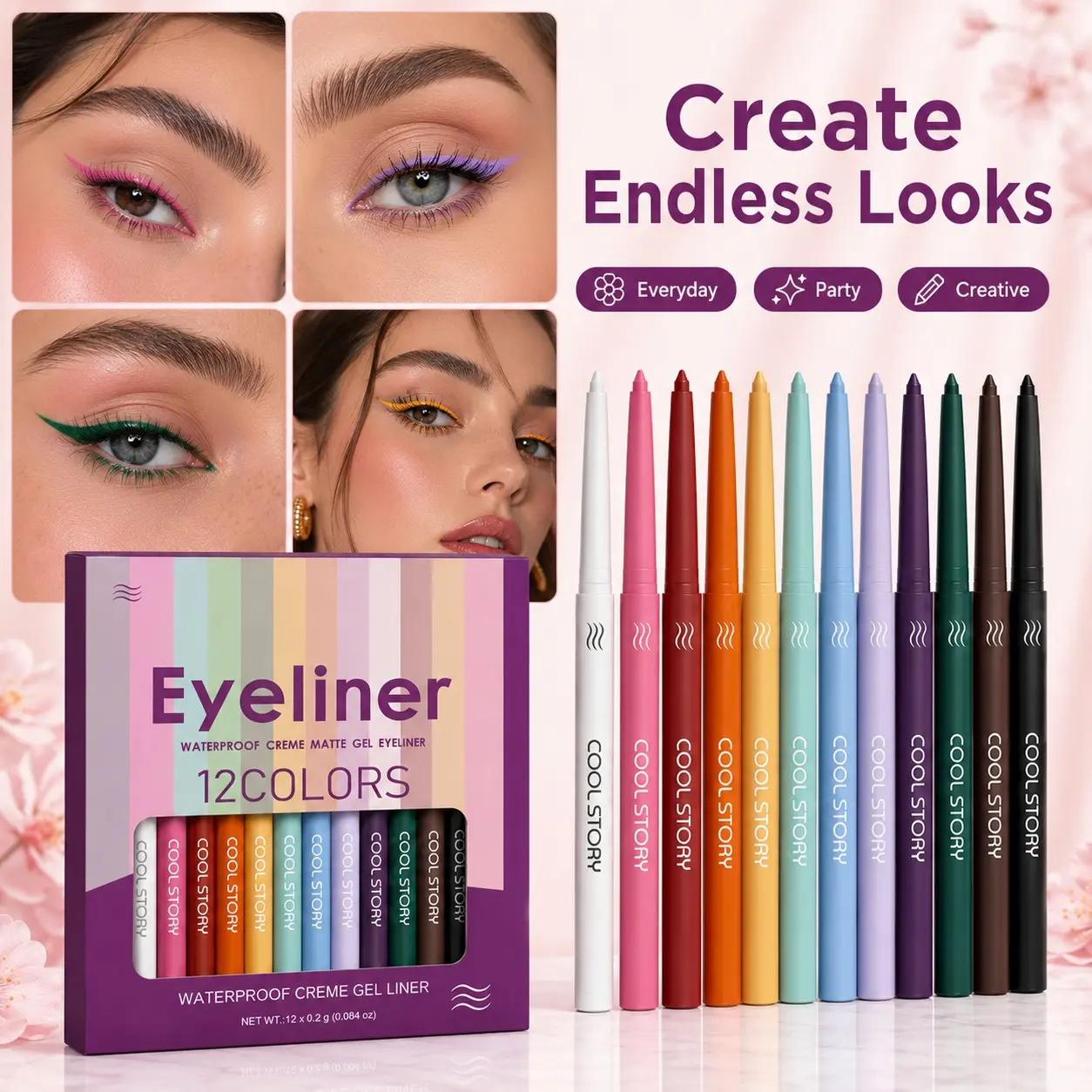12-Piece Colorful Matte Gel Eyeliner Set, Waterproof Smooth Liquid Eyeliner Pen, Multi-Color High Pigment, Perfect for Daily Use and Events, Makeup, Eye Makeup Products
