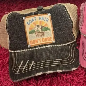 “Boat Hair Don’t Care” Distressed Denim Graphic Patch Bling Baseball Cap
