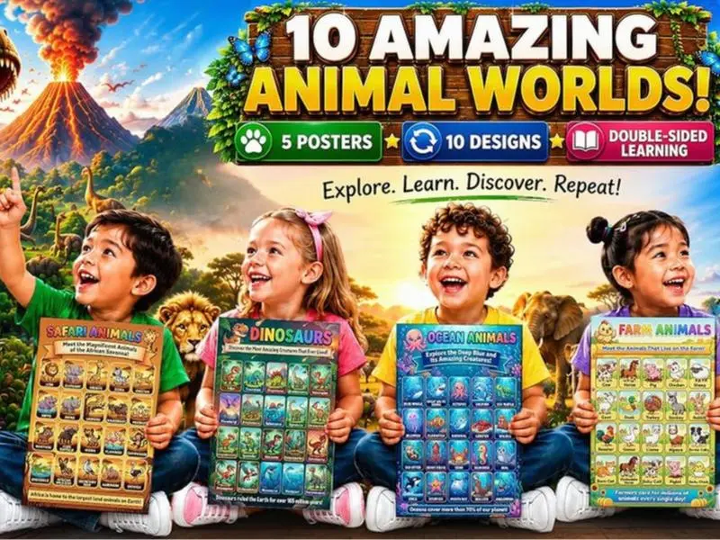 Animal Posters for Kids – 5 Pack Double-Sided 10 Animal Learning Charts – Laminated Educational Posters for Preschool, Classroom & Homeschool