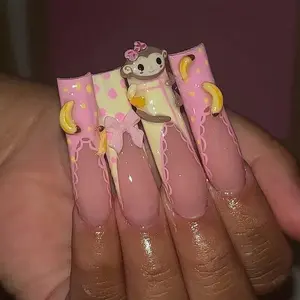 Kawaii Monkey Press On Nails | 3D Banana Cute Nail Art | Pink Fun Cartoon Nails | Playful Pastel Press Ons | Adorable Animal Nail