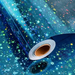 Blue Holographic Wrapping Paper Roll, Blue Space  Wrap with Shining Galaxy Design for Birthday,  Shower, Christmas, Father's Day, Weeding - 17 In X 32.8 Ft (46.5 sq.ft.)