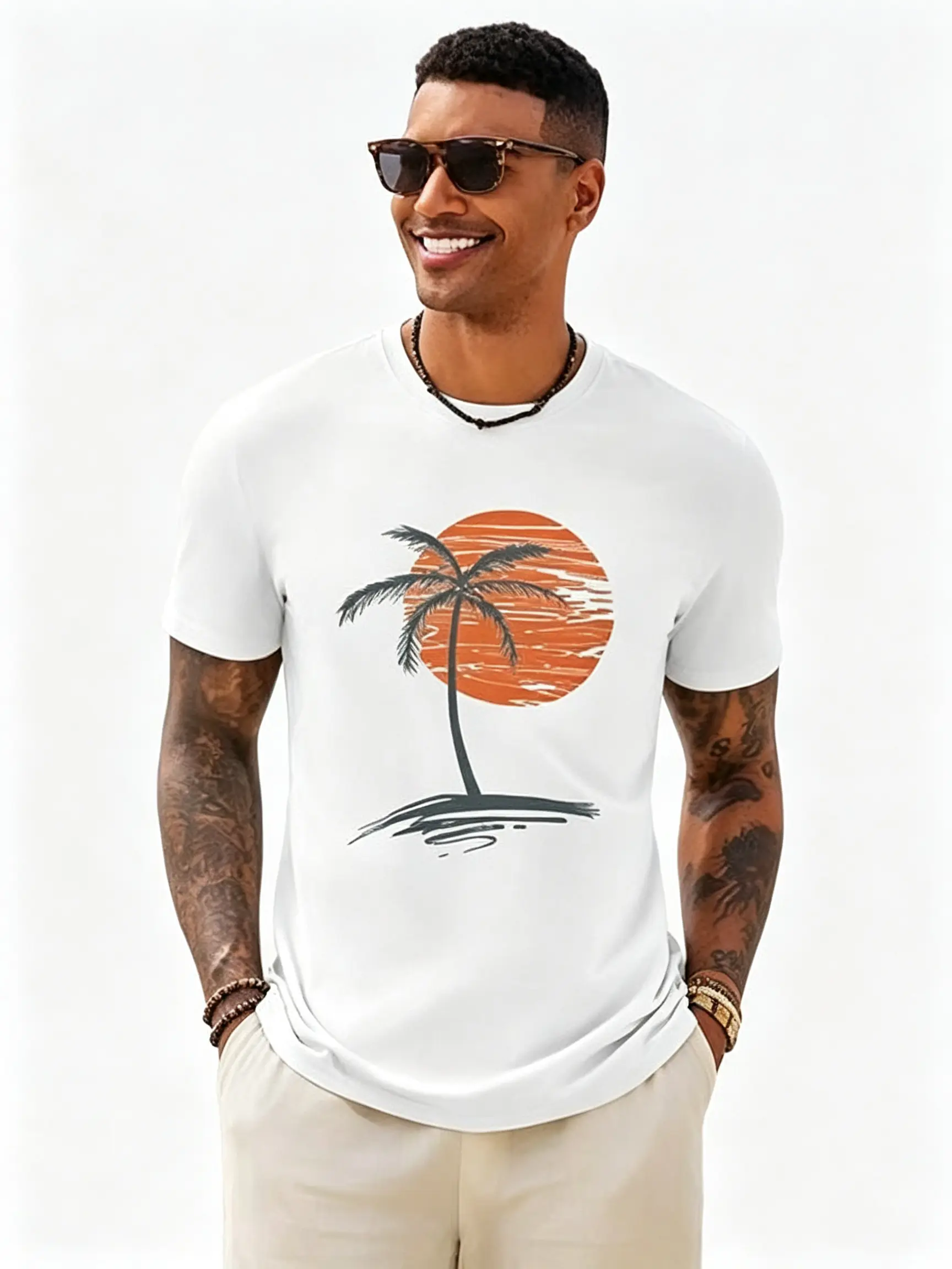 Men's Casual Graphic T-Shirt, Vintage California Palm Tree Print, 100% Cotton Classic Fit Short Sleeve Summer Menswear Tops, Male, Dtg Technology, Plants, Check Size Chart, Unisex, Shortsleeve, Round Neck, Tropical, Streetwear, Tshirt, Dtg Printing, Long-
