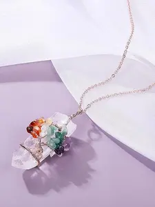 7 Chakra Life Tree Clear Quartz Crystal Necklace Women Wire Wrapped Natural Gemstone Healing Point Reiki Stones Pendant Necklace Spiritual Jewelry Gifts