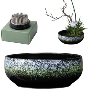 Water Lotus Bowl Planter Kit -  Compote Bowl Ikebana Vase Set w/ 1.8" Floral Frog- Ideal for Ikebana, Flower Arrangement & Hydroponic Planting (Green Spots)