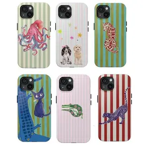 Aesthetic Animal iPhone Case – Cute Octopus, Cat, Dog, Leopard and Crocodile Retro Striped Cover For iphone 17 pro case iphone 16 pro max case 15 14 13 12 11 & Samsung S25 S24 S23 Ultra Fe