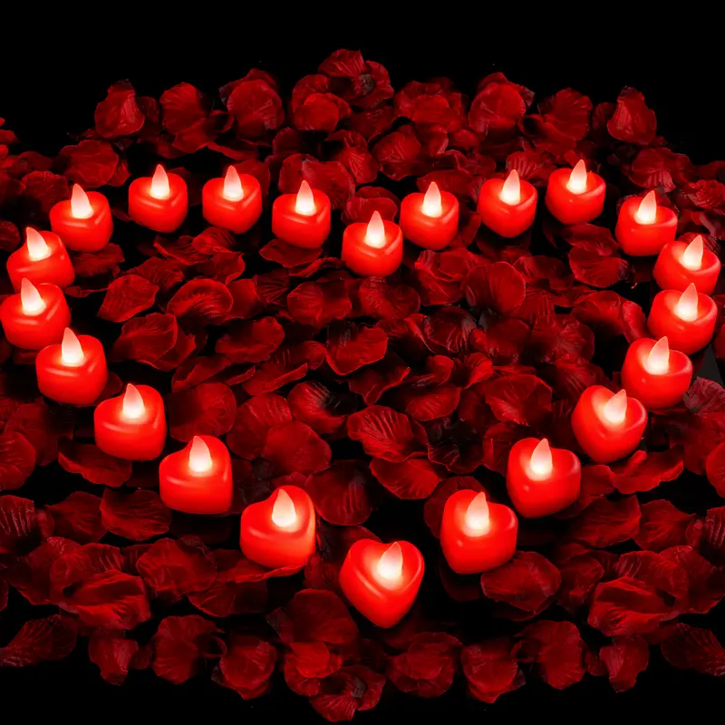 2000 Red Artificial Rose Petals & 24 Red Heart LED Tea Lights Set - Table Room Accessories, House Decor Bouquet Flowers, Anniversary Gifts for Her, Romantic Event Decor