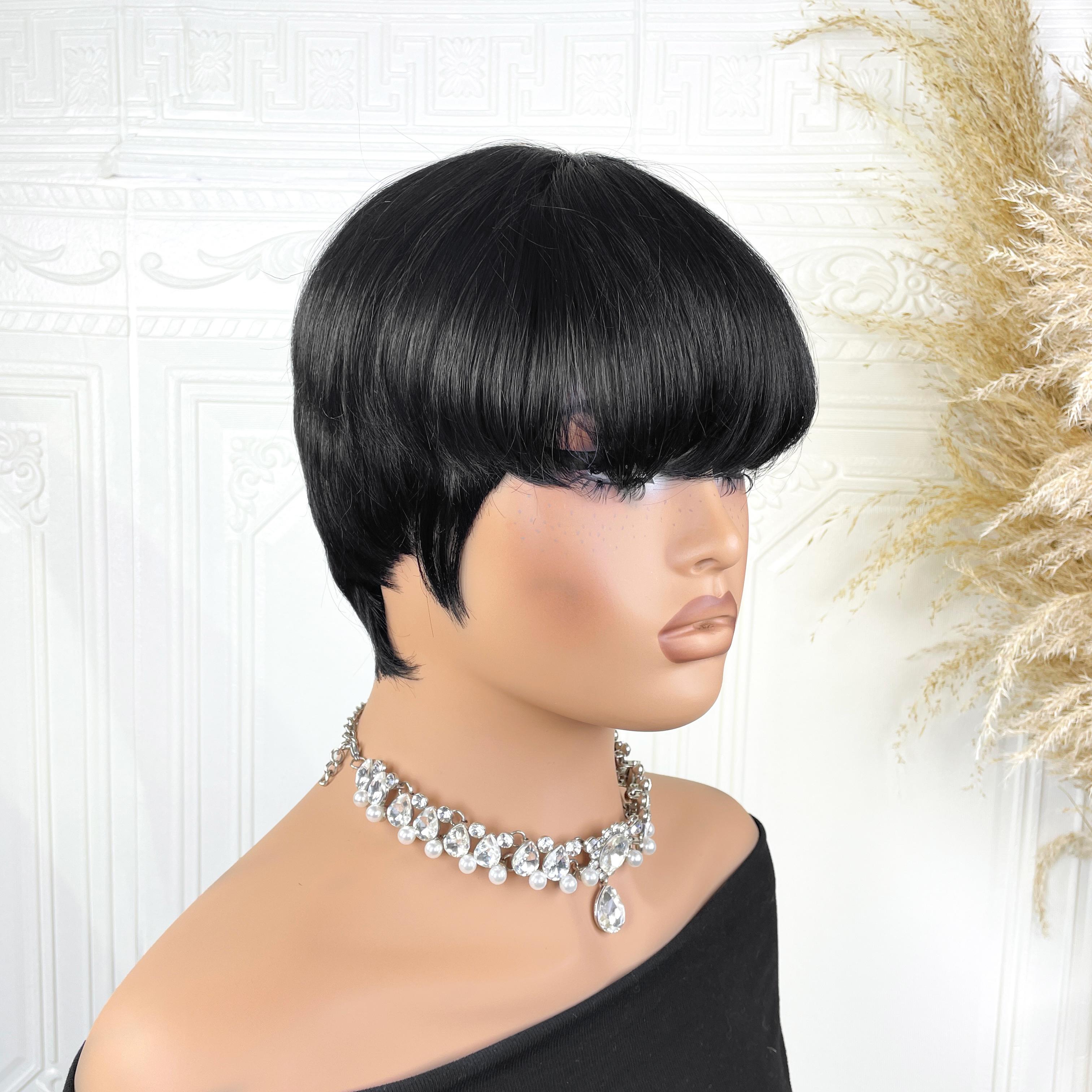 OPQHAIR Natural Black  Straight Hair Women' Glueless Short Pixie Wig Human Hair Bob with Bangs Suitable for Summer, Music Festivals, Parties