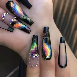 Colorful Feather Pattern Fake Nails, 24pcs Removable False Nails & 1 Sheet Tape & 1 Count Nail File, Nail Art Artificial Full Cover Kit, Women Girls DIY Manicure Accessories