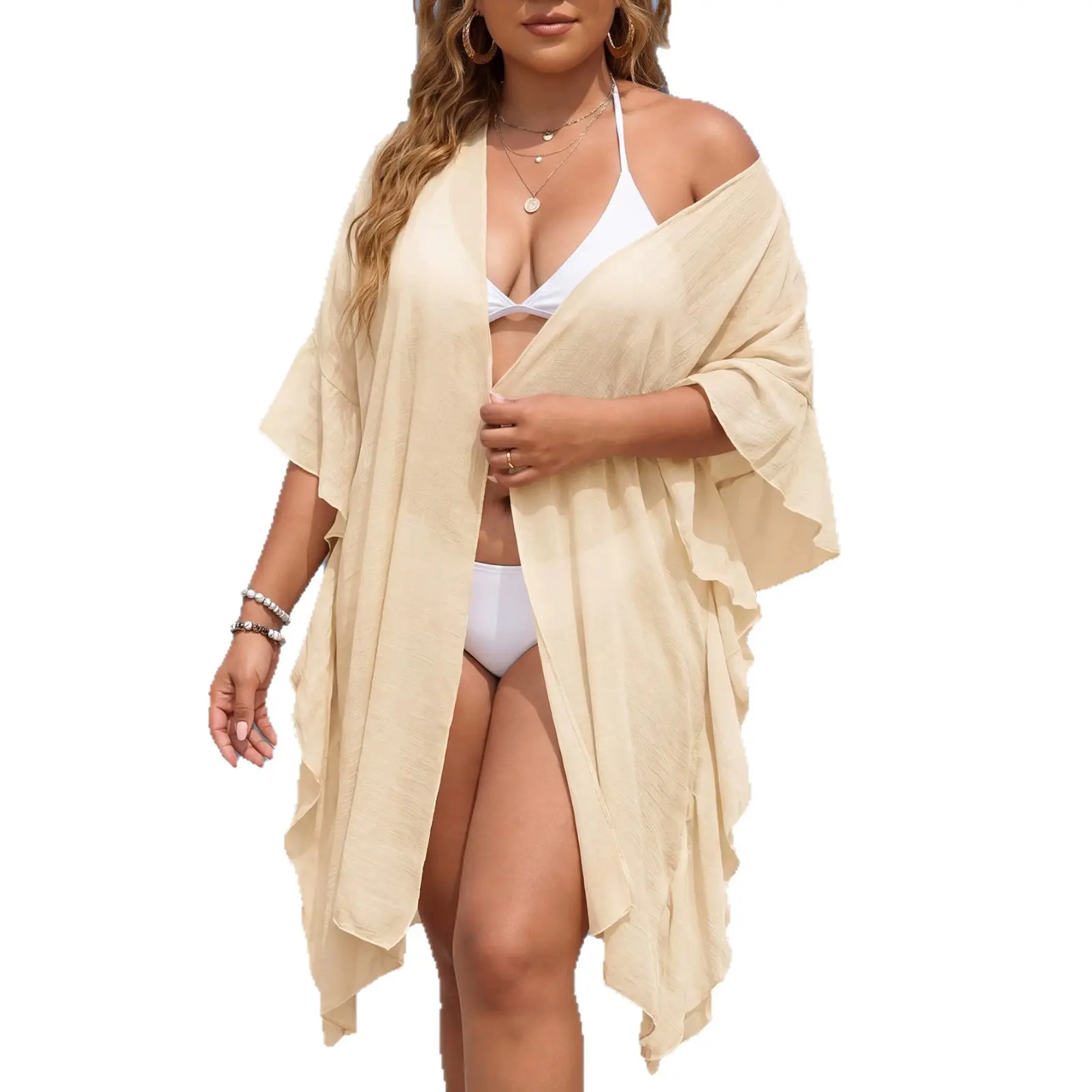 Women's Plus Size Kimono Cardigan, Open Front Ruffle Hem Beach Cover Up, Lightweight Medium Stretch Outerwear for Summer Vacation, Women's Clothes, Women's Fashion, Beach Party