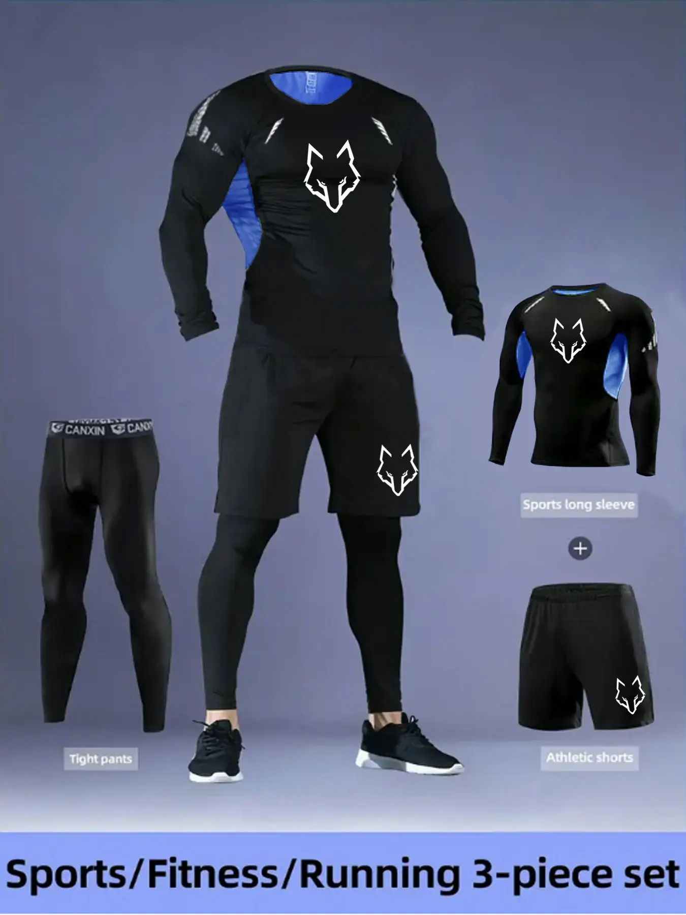 Men's 3 Piece Sports Set, Compression Breathable Mesh Long Sleeve Top, Wolf Head Print, Quick Dry Tight Pants, Reflective Pocket Shorts