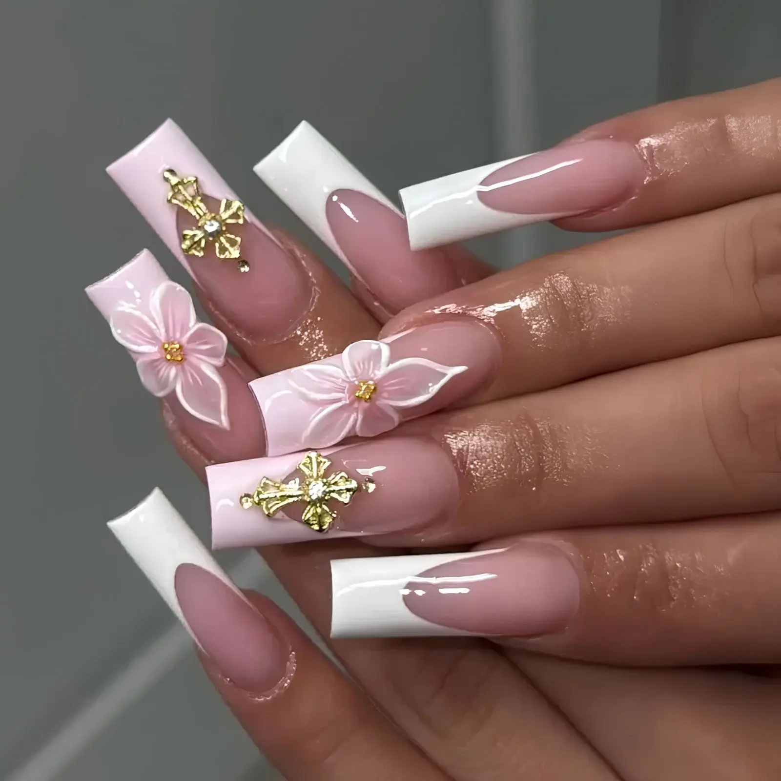 Luxury Pink French Tip Press On Nails with 3D Flower & Gold Cross Charms | Long Square Glossy Fake Nails | Handmade Reusable Nail Set
