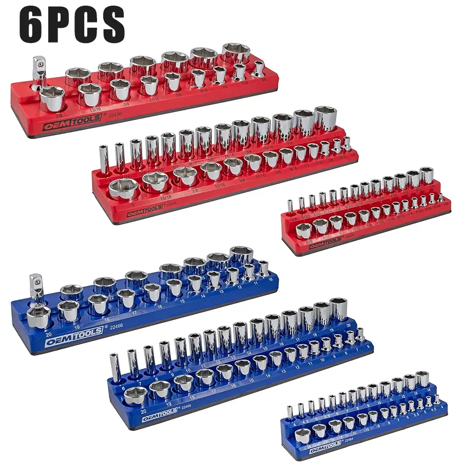 Magnetic Socket Organizer, 6 Piece Socket Holder Kit, 1/2-inch, 3/8-inch, 1/4-inch Drive, Holds 143 SAE&Metric Sockets, Red & Blue, Professional Quality Tools Organizer Hardware Heavy Duty #summerfinds