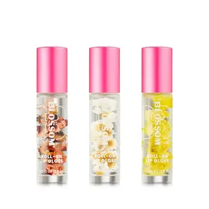 Blossom Gourmand Roll-On Gloss Vegan Cruelty-Free Lip Gloss Infused with Real Dried Flowers in Almond Biscotti Glazed Donut & Chocolate Truffle Scents Glossy Scented Lipstick Makeup