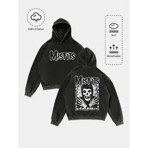 Dark Punk Style Misfits Skull Print Hoodie, 100% Cotton Vintage Craft, Soft Breathable, Loose Fit, Fall & Winter Streetwear