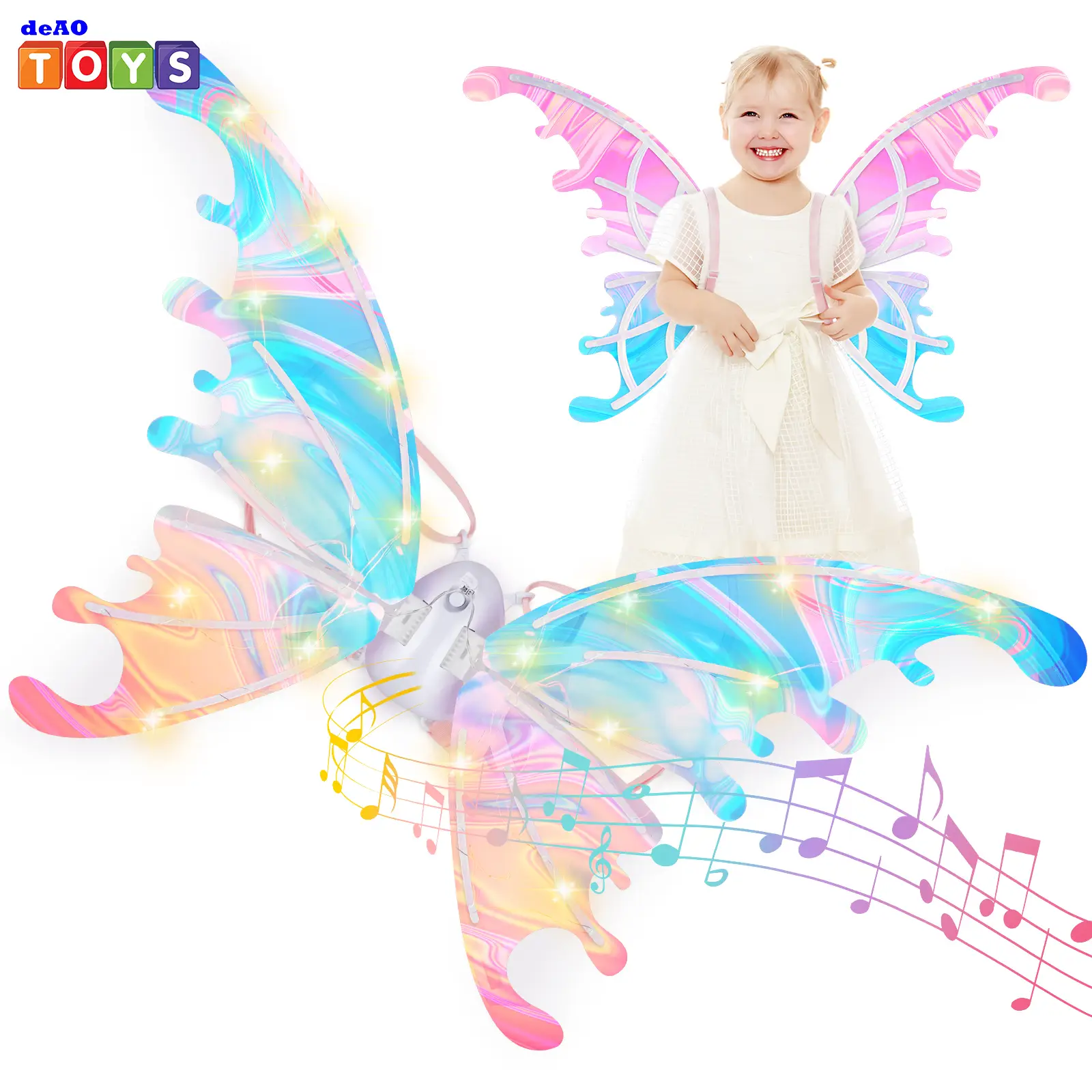 deAO Fairy Wings Costume Music and Light Up Wings Toy Flutter, Pretend Play & Imagine Christmas, Halloween custome
