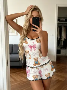 White Teddy Bear Print Pajama Set - Soft Ruffled Hem Cami Loungewear for Women, Cute Coquette Bear & Bow Pattern Sleepwear, Spaghetti Strap with Contrast Trim, Breathable Two-Piece PJs, S-XL