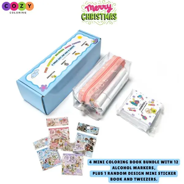 Summer Spring Gift Cozy Coloring BEST GIFT 4 Mini Coloring Books Bundle with 12 Markers & Stickers for Kids & Adults 3x3 Inches Pocket Size Stress Relief Creative Relaxation