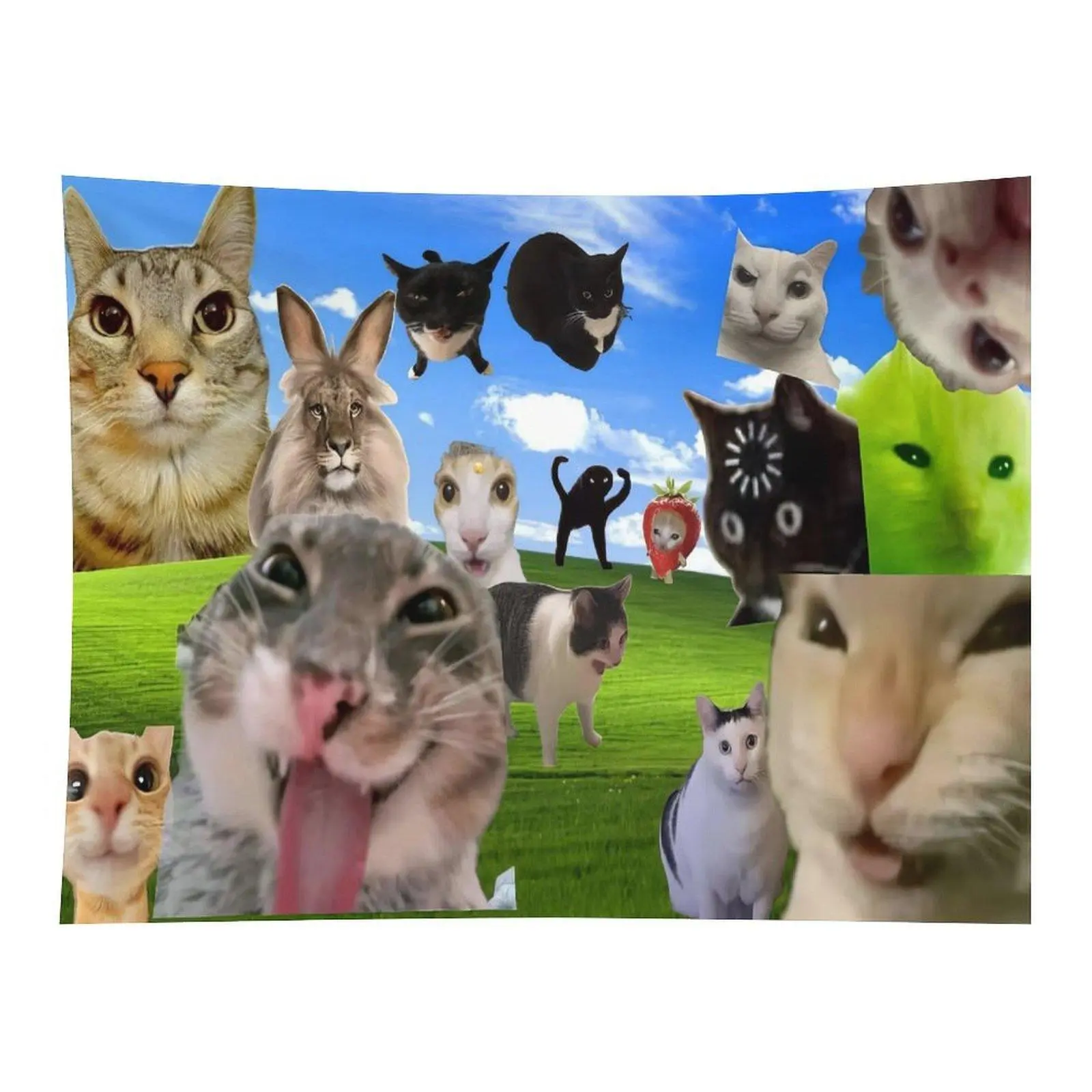 Funny Meme Cat Collage Wall Tapestry - Green Grass Blue Sky Field Design, Viral Kitten Sticker Chaos Aesthetic Decorative Wall Hanging for Cat Lovers’ Bedroom, Playful Home Decor Background
