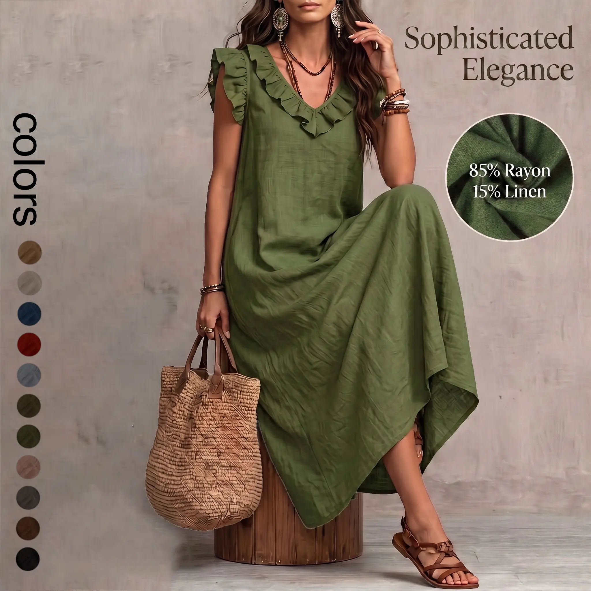 VVZ 2026 Women’s Bohemian Ruffle Collar Sleeveless Maxi Dress, Loose Fit Non-Stretch Elegant Long Dress