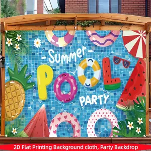 2D Flat 1pc Summer Pool Party Backdrop Banner, Swimming Ring Watermelon Pineapple Sunglasses Photography Background, Ideal for Summer Pool Party, Outdoor Gathering, Vacation Photo Shoot Decor, Multiple Sizes Available