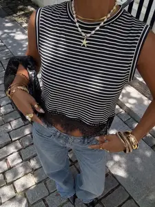 American Style and Striped Lace Backless Top, Classic Stripe Design, Short Sleeve, Retro Sweet Cool Atmosphere, Daily Outing, Womenswear