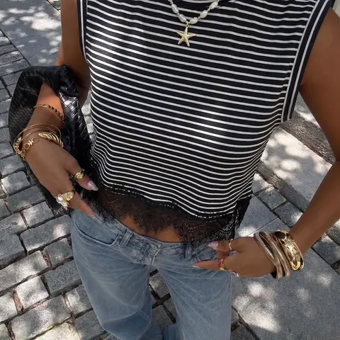 American-Style Striped Lace Sleeveless Top, Classic Retro Design, Casual Everyday Wear, Womenswear