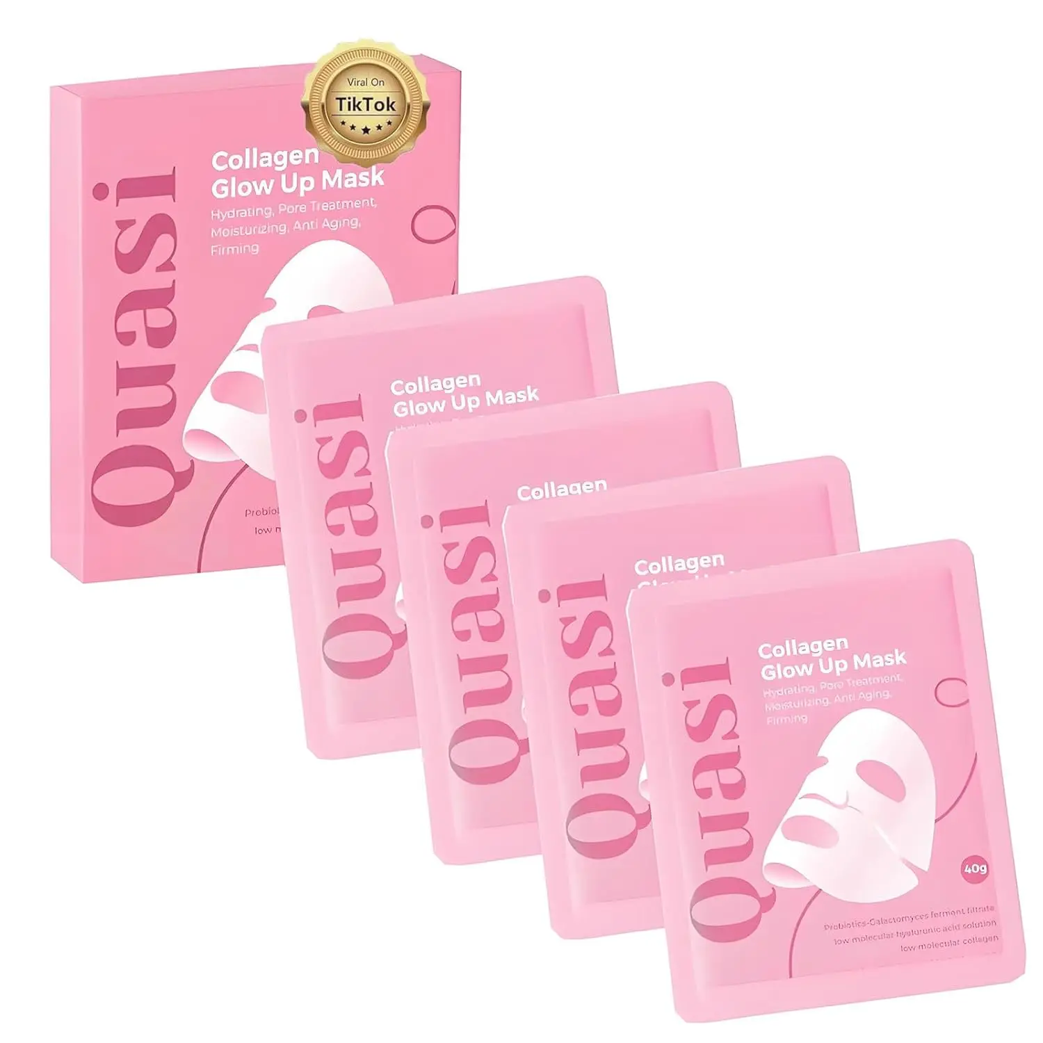 Quasi Collagen Glow Up Mask 2.0, Quasi BioCollagen Face Mask, Firm Skin Deep HydratingMasks for Wrinkle Reduction and PoreMinimization - Glow like Glass Skin (1 Box × 4Pcs)