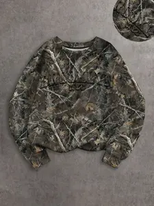 Men's Casual Camo Tree Branch Style Knit Fabric Long Sleeve T-Shirt, Camouflage, Brooklyn 3D Print Design, Unique Texture Pattern