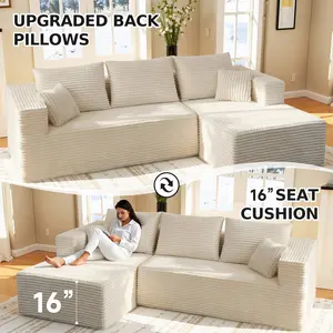 108" Cloud L-Shaped Corner couch with Chaise Lounge, Frame-Free Deep Seat Modular Sofa, Modern Fluffy Corduroy Living Room Sofa, No Assembly Required