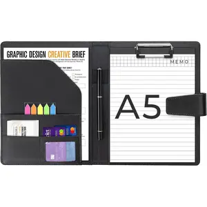 Leather Portfolio Binder, Interview Legal Document Organizer with Magnetic Closure Cover includes A5 Sized Papers Sticky Tabs Pen, Mini Document Organizer Folder for Men Women Black