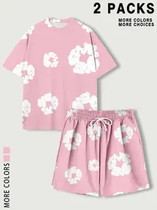Floral Print Short Sleeve Shorts Set, Full Floral Top and Shorts Two-Piece Set, Round Neck Short Sleeve Set, Unisex, Soft Fabric, Casual Sport Wear