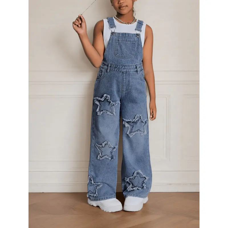 Teen Girls' Wide-Leg Denim Overalls with Star Embroidery Everyday Outfits - Machine Washable Teen Loose Fit Long Denim Machine Washable All-Season Casual Jeans Teens Durable Fabric, Outdoor