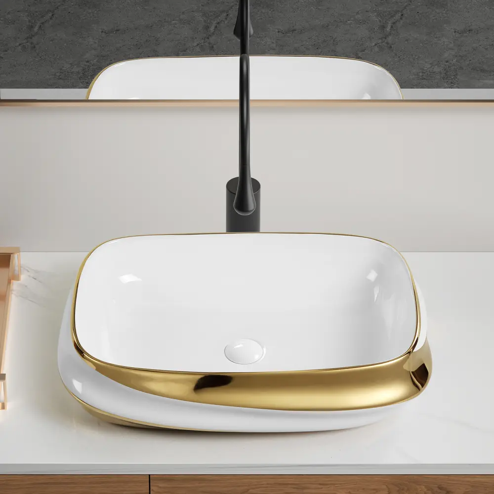 Marevia 24x17in Top-Mount Ceramic Bathroom Vessel Sink, Above-Counter Modern Vanity Art Washbasin with Fast Drain, Stainproof White Body and Gold Rim, Bathroom Sinks for Home Improvement
