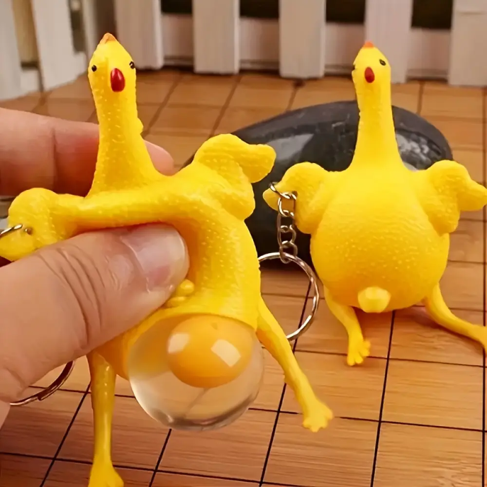 2pcs Funny Keychains Novelty Squeeze Laying Egg Chicken Toys Keyring Surprise Squishy Kids Children Toys
