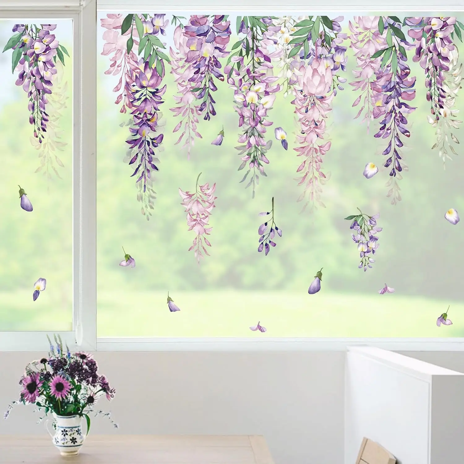 Summer Purple Flower Window Clings Hanging Vine Wisteria Floral Leaf Glass Sticker Decal Anti  Double-Side Static Window Decals for Home Glass
