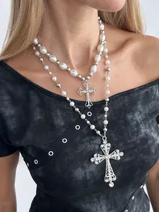 Boho Faux Pearl Ccb Cross Pendant Necklace Set, Dangling Pearl Necklace, Fashionable Women's Jewelry, Vintage Style, Casual Party Wear, Perfect Gift