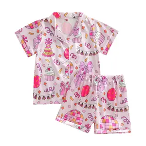 Girl Birthday Pajamas Set Cake Bow Print Short Sleeve Button Down Tops with Shorts Satin Sleepwear