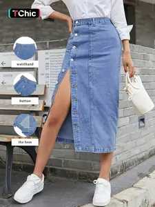 Women's Solid Color Button Denim Skirts, Casual Fashion Denim Skirts for Daily Wear, Ladies Bottoms for All Seasons, High Waist Skirt