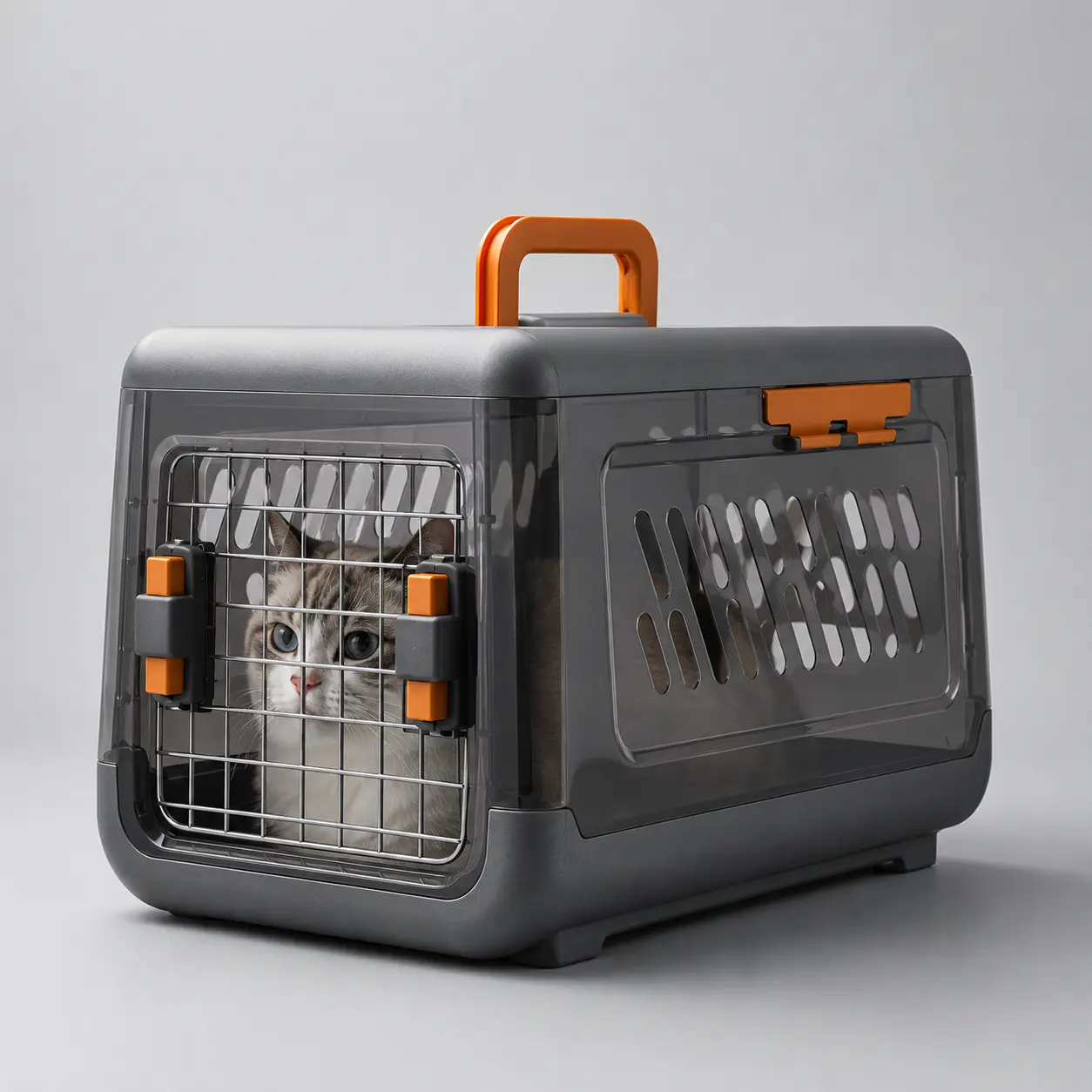 Single Level Hard-Sided Cat Kennel - Ventilated Tinted Panels, Steel Wire Door, Dual Latches, Fold-Down Handle for Vet Visits, Road Trips
