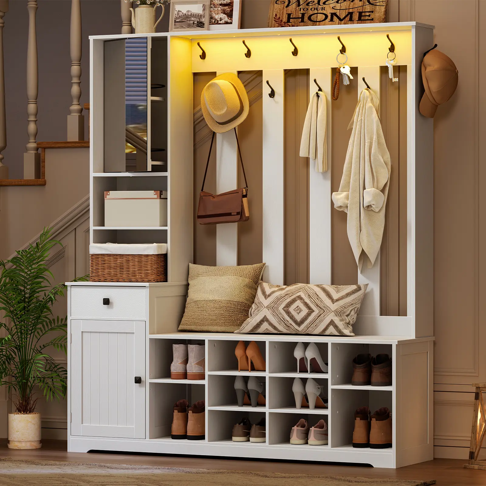 HOOBRO White Farmhouse Hall Tree with Bench - Farmhouse Storage Cabinet, 10 Shoe Cubbies, 11 Coat Hooks, Fabric Drawer, Rotating Mirror with Shelves, LED Lights, 200lb Weight Capacity, Indoor Entryway Furniture, 3 Adjustable/Removable Shelves