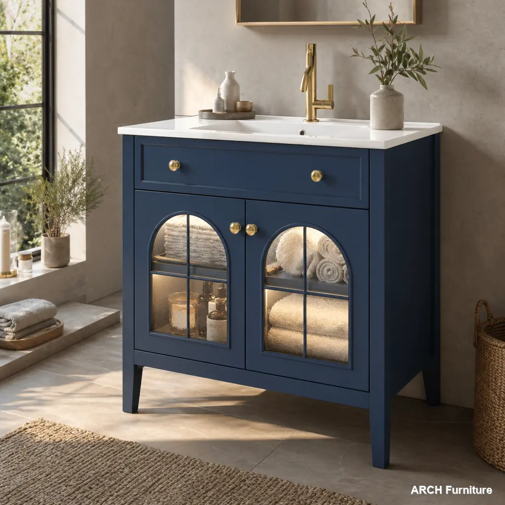 35.6x18.7in High-End Blue Mid-Century Farmhouse Freestanding Bathroom Vanity Sink with Antique Glass, Motion Sensor Lights, Metal Handle, Quick Install, Thick Base, MDF Wood Storage Cabinet, Light Strip, Wood-Framed Floor Cabinets, 1 Flip-Top Drawer, Dura