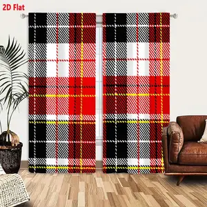 2D Flat  Home Decor 2-Piece Curtain Set, Classic Tartan Plaid Pattern with Black Red White Yellow Grid Design, Symmetrical Checkered Style for Living Room Bedroom, Traditional Festive Window Drapes