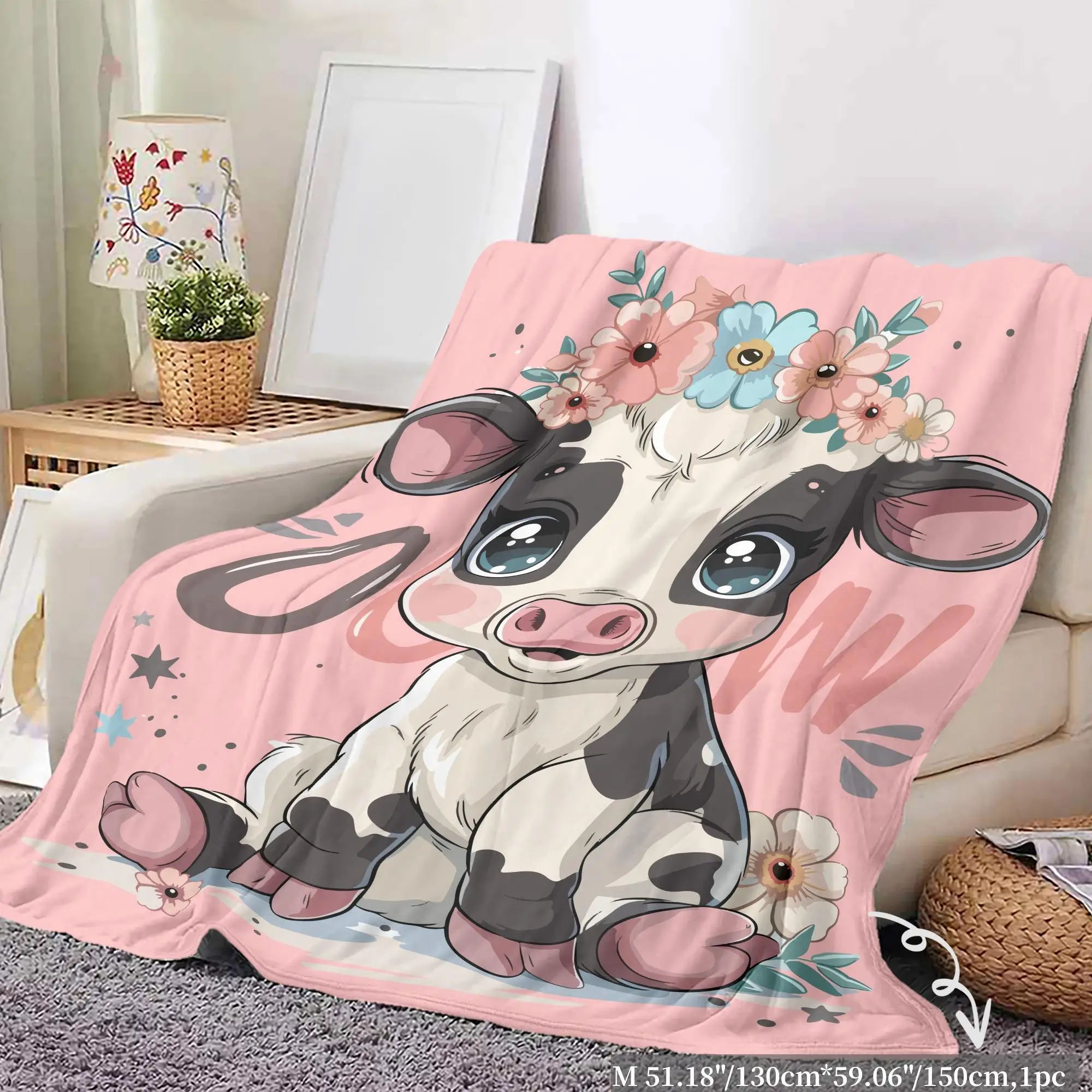 Cartoon Cow Print Flannel Cozy Blanket, Soft Comfortable Warm Napping Throw, Cool Bedroom Sleeping Bedding Supplies for Home Office Travel, Bedroom Ac