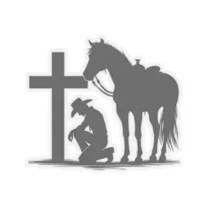 Cowboy and Cross Transparent Indoor Vinyl Sticker - Faith Christian Religion Horse Laptop Mug Bottle