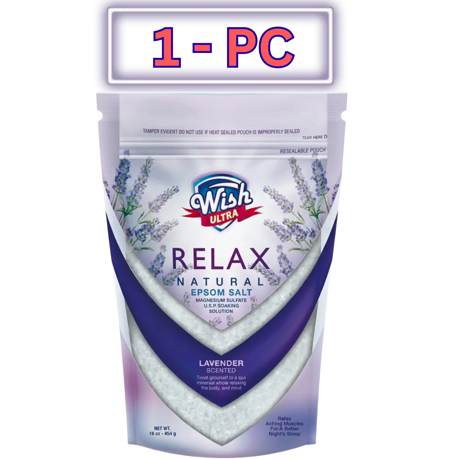 Wish Soothing Lavender Scented Epsom Salt Bath Soak, Relaxing Body Care Crystals with Calming Fragrance, 16 oz Resealable Pouch, Multi-Pack, Home Baths, Calms Body