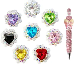 8 count Rhinestone Focal Beads for Pens Large  Heart Shaped Diamand Chunky Glitter Beads for Beaded Pens   Making